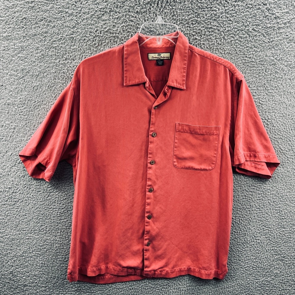 Tommy Bahama Mens Silk Camp Shirt L Coral Red Short Sleeve Button Front Resort